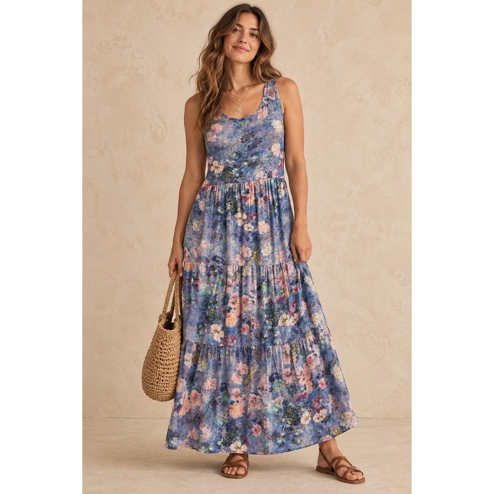 Peruvian Connection Poppy Watercolor Tiered Floral Jersey Dress LG Blue Purple